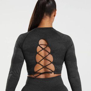 Gymshark Black Camo Lace Up Back Crop Top Sz M